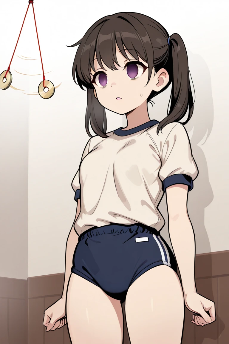 White school gym uniform、Left hand clenched into a fist、gym storeroom, shigure, ahoge, brown hair, blue eyes, braid, hair ornament, hair over shoulder, long hair, single braid, hair flaps, (masterpiece, best quality:1.2), illustration,8k,hd,long hair, single braid, white panties、Change of clothes