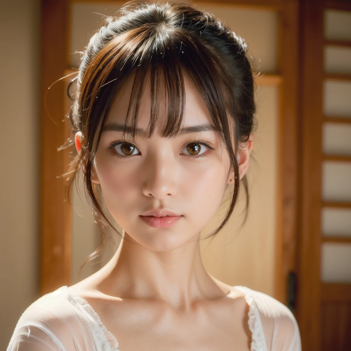 (masterpiece:1.2),(Highest quality),(Very detailed),(High resolution),(Photorealistic Stick),(RAW Photos:1.2),8K,Shooting indoors,Cinema Lighting,a close up of a woman with a white shirt on posing for a picture,Soft portrait shots,Beautiful Japanese Women,Gorgeous face portrait,Eye light,Sharp pupils,Very beautiful face,Beautiful portrait,A lovely and delicate face,Beautiful young Japanese woman,Random hairstyle,Look this way,(Depth of written boundary),(Cinema Lighting),(front),((From above)),(POV shot)