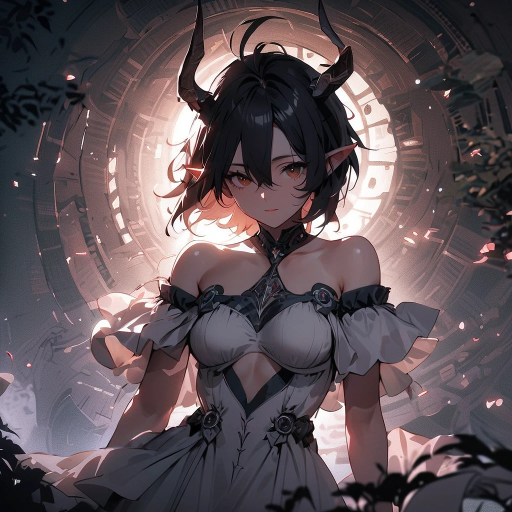 (Masterpiece, Best quality, ultra high resolution),1girl,dark skin,insect body,shub niggurath girl,bob cut,fantasy,glowing eyes,(grey theme),in the dark cave, looking at viewer