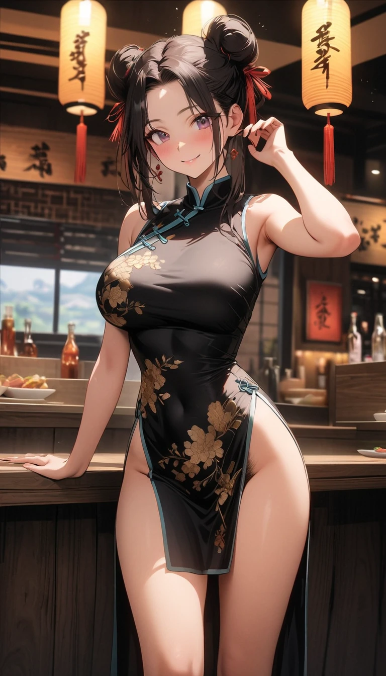 ((La mejor calidad)), ((Obra maestra)), (Detallado), Cara perfecta Chica anime con vestido corto, cabello negro y rojo, grandes senos, anime rostro perfecto en pose de guerrera de sexo femenino anime .
