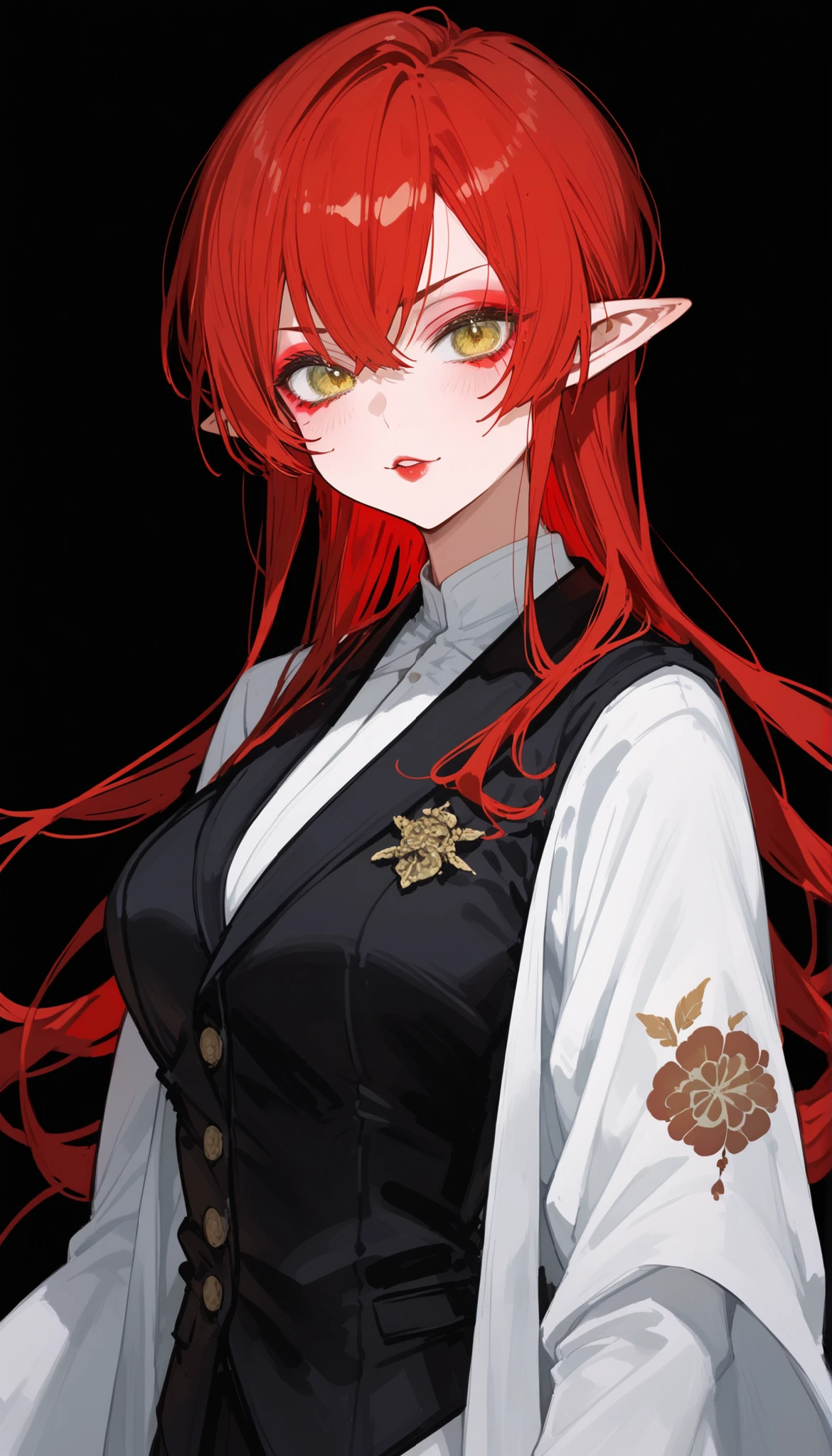 ,red hair,in yellow eyes,cute,Milf,,tomboy,Pointed ears,Fierce face,Long Sleeve Black Vest,standing up,black background, pattern,mafia,long hair,Black suit,slim,Shawl kimono,with black gloves, Kabuki costume,Long Sleeve,Kabuki Makeup,,white kimono,,T post,upper body shape,Light red makeup,cute