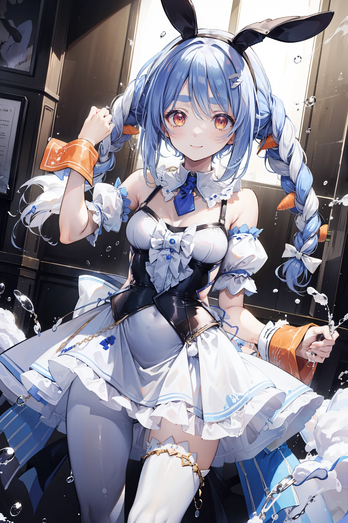 Masterpiece, best quality single product, , 1 girl, Ultrafine, illustration, Indoor, Smile, cowboy shooting point of view, gold necklace , White punches , white pantyhose, white wristband, Double chain drops , fake animal ears, With sleeves, costume cut , Rabbit ears, white milk all around,Liquid Splash