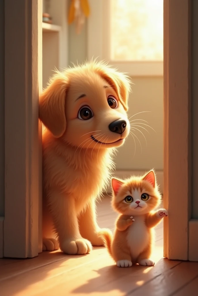 A fluffy tabby cat, Whiskers, emerging triumphantly from a small, cracked-open door with a happy meow. A playful puppy, Max, stands beside the door with a wagging tail, having helped."