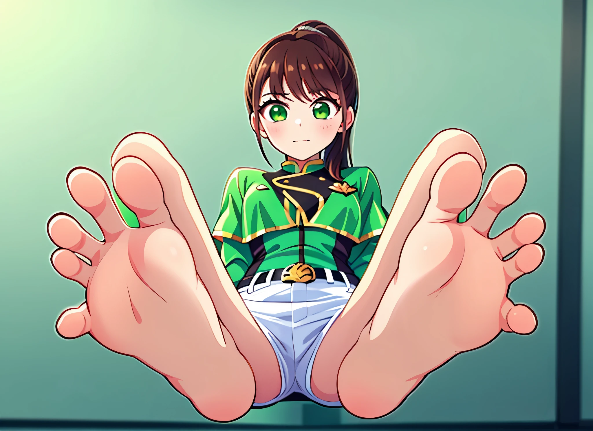 hayami sena, green eyes, brown hair, black belt, green capelet, green jacket, white shorts, long sleeves, ponytail, feet, soles, barefoot
