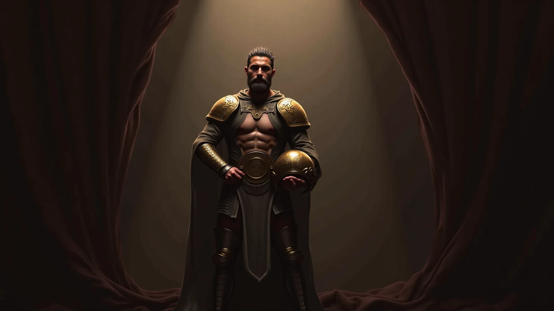 a muscular athletic shirtless man,25 years old,perfect physique,covered in gold,standing in a grand hall with massive doric columns,daylight streaming in from the ceiling,dramatic lighting,intricate details,high quality,photorealistic,cinematic,HDR,studio lighting,physically-based rendering,vivid colors,highly detailed, camera nikon Zfc, Sigma art 18mm. hyperrealism, kodak film