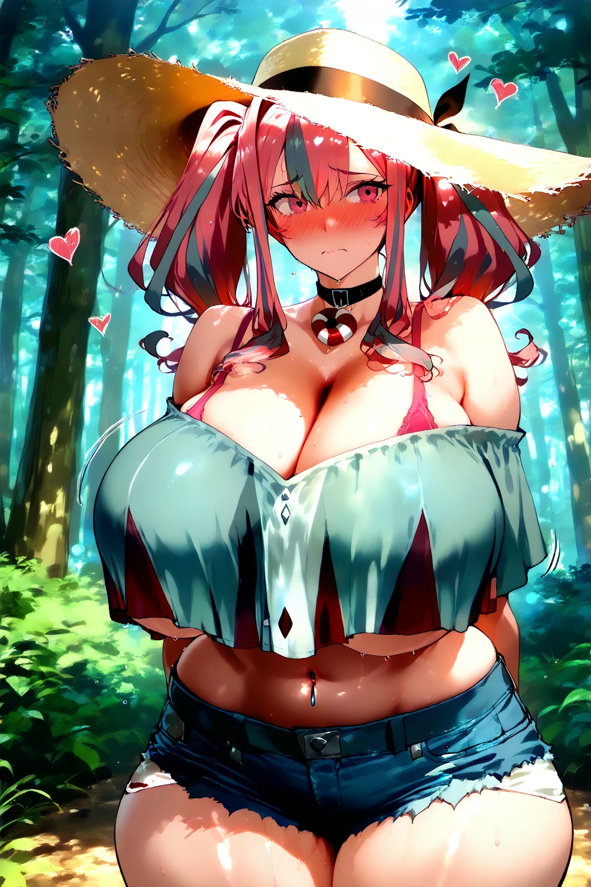 1girl, huge tits, completely red hair, perfect body,looking at viewer, Perfect breast shape, pear-shaped breasts,  plants