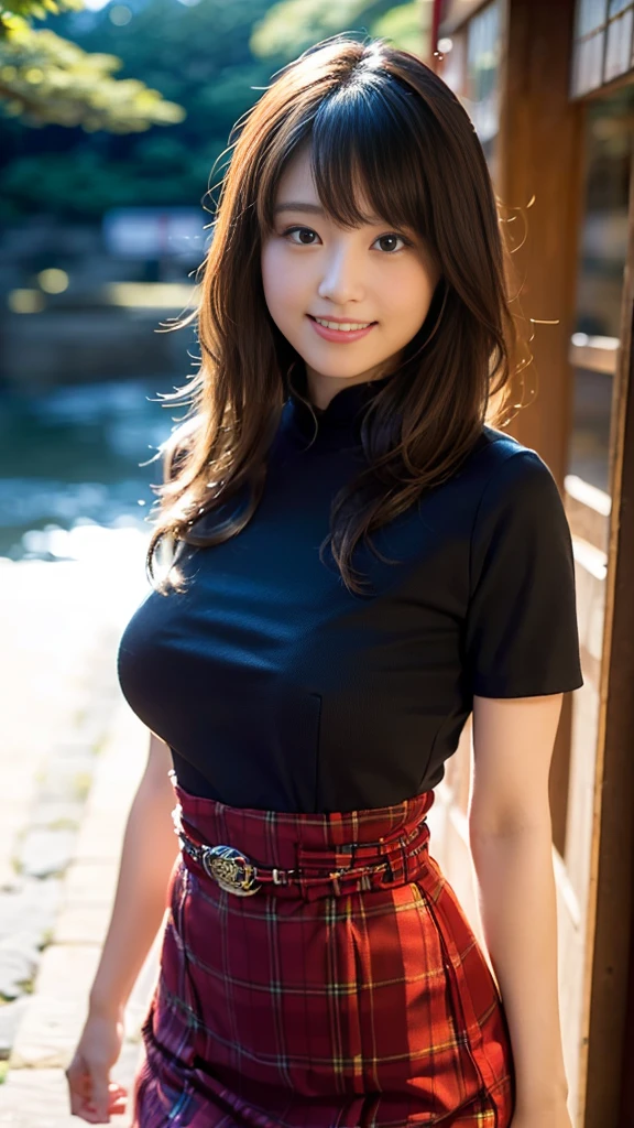 highest quality,best image,Japanese,big breasts,long brown hair,beautiful girl,smile,Leather,mini skirt,片手mini skirtの中に入ってます:1.8