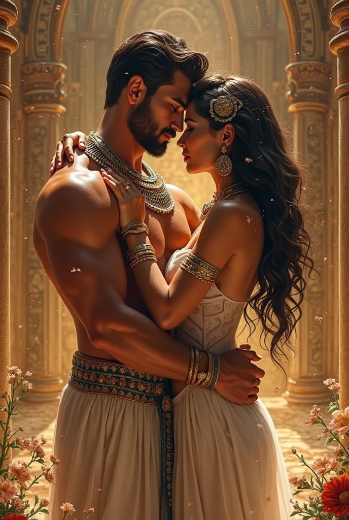 an interracial couple in full royal garb romantic embrace, curvy hourglass figure woman in loin armor , , royal pearl navel piercing , nipple piercing ,swooping breasts , wide hips, thick muscular thighs, man fully clothed, man in royal pants, face to face, indian couple , full body, interracial couple, , jeweled loin guard, rendering, digital painting, Imperial coat of arms , naked female , beautiful attractive antique king and queen lovers. ultra realistic skin texture , 8k, highly detailed face, intricate details, oiled shiny skin