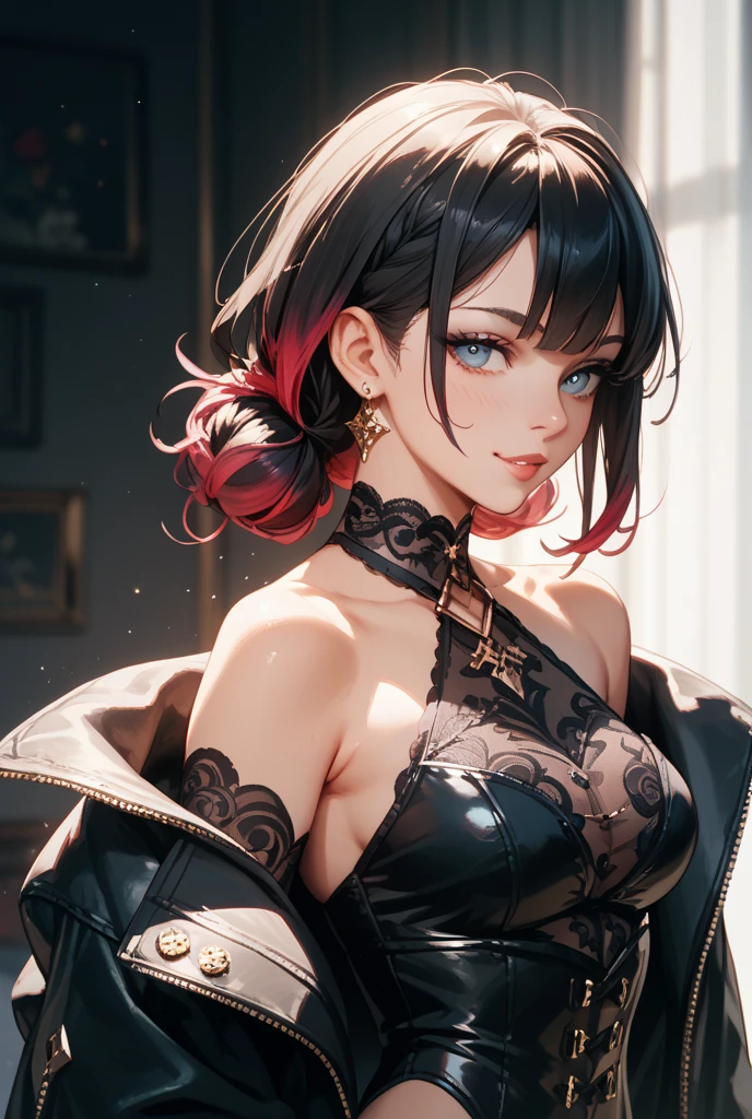(masterpiece)(8k)(cute)(25-year old woman)(sitting on couch)(1girl:1.5)(solo:1.8)(wild hair:1.3)(short hair:1.3)(black brown hair)(shiny hair:1.2)(hair over one eye:1.5)(hairbun:1.2)(small breasts:1.5)(flat chest:1.5)(dark pupils:1.4)(glossy skin:1.4)(glossy lips)(dark, glossy eye-shadow:1.6)(dark eyelashes:1.4)(smoky eyes:1.2)(white office shirt:1.4)(bedroom) rossdraws pastel vibrant, rossdraws cartoon vibrant, style anime 8k, beautiful portrait, artgerm colorful!!!, ! dream artgerm, beautiful anime girl, styled digital art, art wallpaper 8k, digital art, extremely detailed artgerm,
