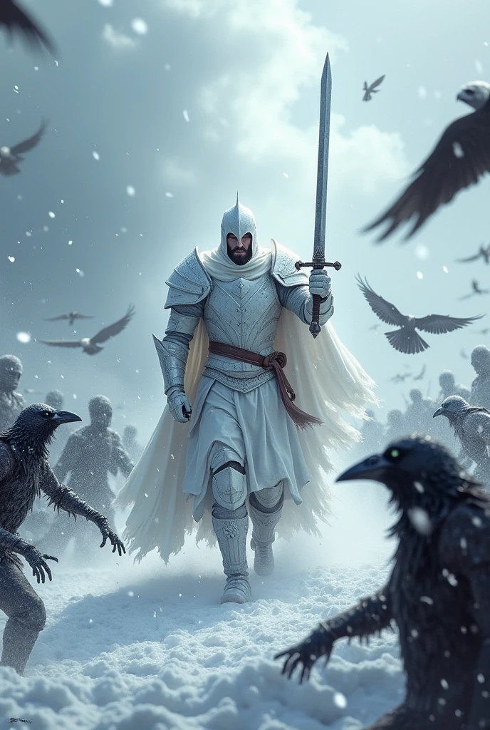 ((masterpiece, Fantasy, In the middle of the snowy field there is a monster with a bird body and a human head.)), The head is a human skull and the neck is long., Zombie Bird,Human hands growing, Has a spear, Bird's feet, has black wings, Wrapped in black flames,Strong snowstorm with poor visibility, dark, Cloudy