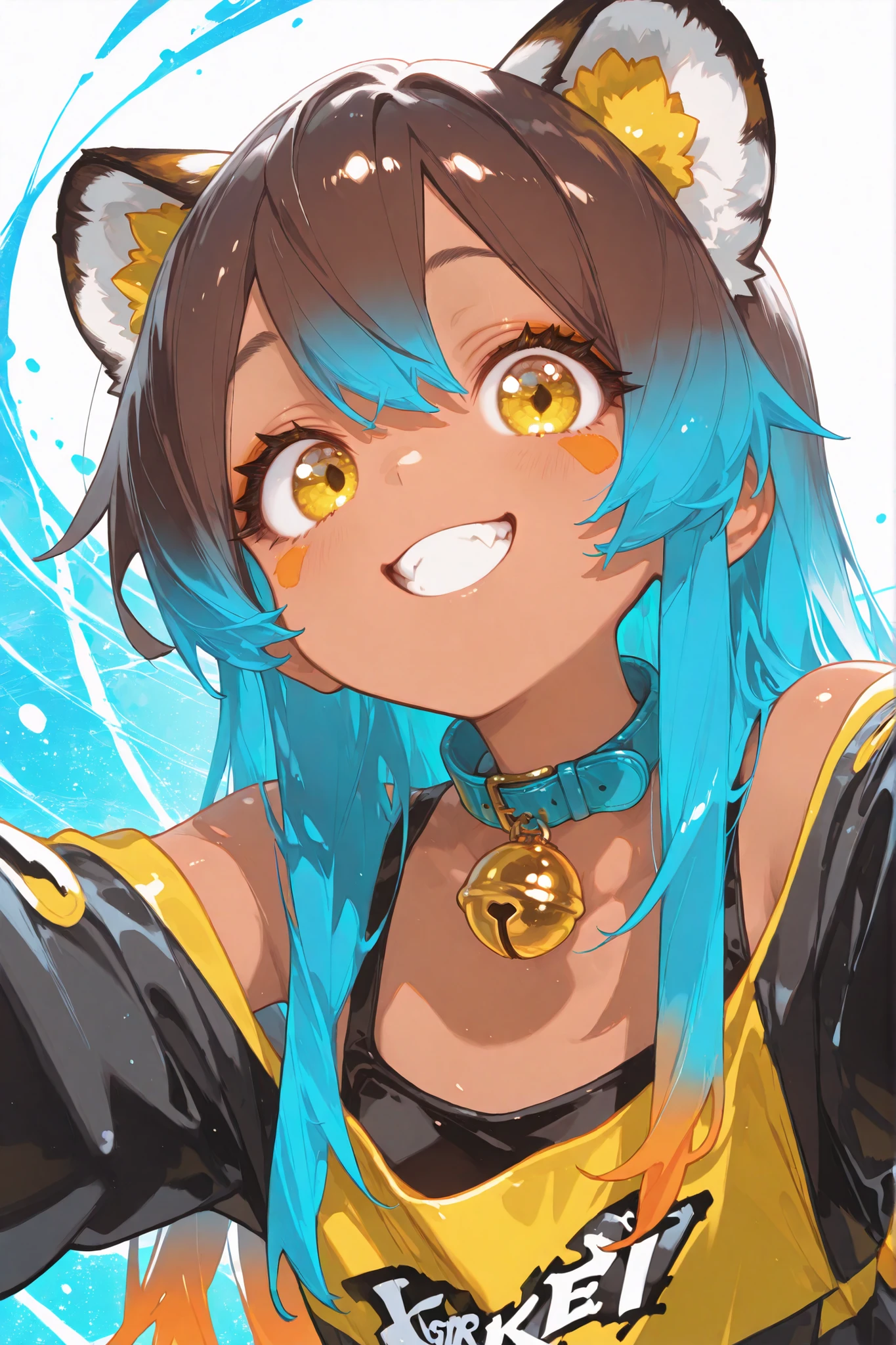 masterpiece , Top quality , Good quality , Newest , high resolution , 非常にhigh resolution , BREAK detail background , Here and there , Absolutely eye catching , Illustration , CG , break perfect configuration , eye reflection , eyelash , break 1boy , cute男の子 , cute , looking at viewer , I'm wearing yellow dancewear , (sky blue and orange gradient hair) , Tiger Ears , solo , First , tooth , Tan , pogrove , (from below) , abstract background , path racing , layered photon mapping , bright colours masterpiece , Top quality , amazing quality ,horny smile、Glossy brown skin、collar with yellow bell、White Background、Spread your arms and ask for a hug、Displaced clothes that show shoulders