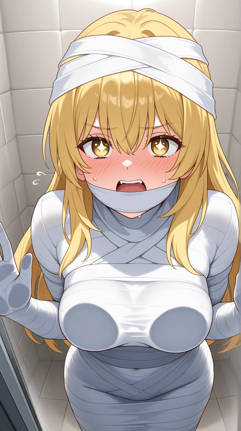 masterpiece, absurdres, 1girl, Lillie, length hair, floating hair, blonde hair,Bound, Bondage, (arms behind back:1.4), BDSM, tape, TAPE BONDAGE, close-up, srestrained, best anatomy, Curled up, scared face, shout, Upper body, blushing face, humiliation, desperate, (front), (men touching her), holding hair, pov hand pulling hair, hair played, hair toying, (men brushing her hair)