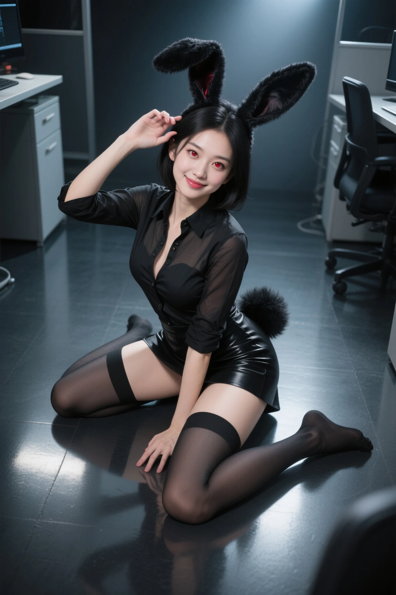 (Raw photo:1.2), (realistic:1.4),beautiful detailed woman,非常にfine eyesと顔, fine eyes, Super detailed,High resolution, very detailed,highest quality,enlightenment,unified,8k wallpaper,masterpiece,highest quality,1 female,alone,rich,Full body Esbian,Standard body shape,toned body shape,（C cup breasts：1.1）、There&#39;leg meat,slim waist,alone、（orthodox bunny girl：1.5）、（Black rabbit ear headband：1.2）、（Fishnet tights：1.8）,（high heels）,jewelry necklace short hair,gentle smile,dignified atmosphere,black eye,realistic,(Italy、sitting on a leather sofa in the living room of a villa on Lake Como：1.8）、（She has her legs stretched out 180 degrees apart：1.5）、（Arms stretched out horizontally：1.2）、（The viewer is looking at her head on.：1.3）、（she is doing stretching exercises：1.5）、（expression contorted in pain：1.5）