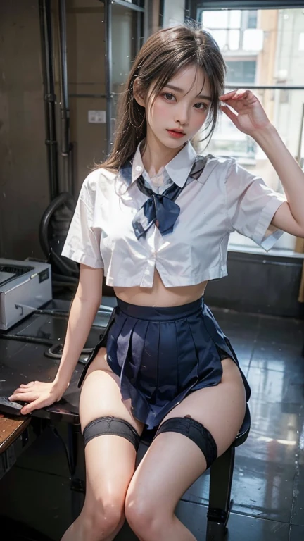 (8K, An ultra-high picture quality,top-quality),(​masterpiece:1.5),Japan 1 woman,Sensual gravure,Dark blue high socks,A dark-haired,a bow tie,shortsleeves,shirt,Pleated mini-skirt,Lifting the skirt with your hands,(skirt lift),squatting,open legs,(spread legs:1.5),pantyshot,Raw photo,NSFW
