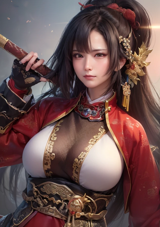 Bikini Armor,Cape,Woman close up, ((Highest quality)), ((masterpiece)),No background,Simple Background,(Very intricate details),One person,Cute Ponytail,Long Hair,(Big Breasts),Large breasts and cleavage,Highly detailed face and skin texture,Looking into the camera,Perfect beauty: 1.4, fine grain,double eyelid, Whitening skin,Highest quality,Ultra-high resolution,Simple Background, Chinese Warrior