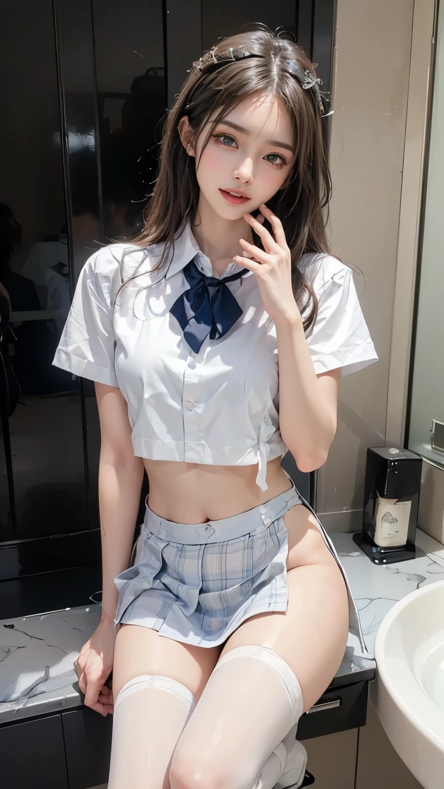 ultra-detailliert、hight resolution、Transcendent beauty　top-quality、​masterpiece、Dark blue high sockajicMIX Real、(Raw photography:1.2)、(Photorealsitic:1.4)、The beauty of beautiful details　and delicate facial expressions、cool beauty、tall woman、((Panties are visible))(Squatting panty shots)piercings、Lashes、Sparkling eyes、shiny lip、beatiful detailed eyes、huge filesize、、(Japanese girls' high school uniform))、Very detailed expression、finely detail、Highly detailed face movie lighting、a 18 year old girl、front facing、((dynamicposes)))、(open stance))、(Skirt from below and up:1.5), pleatedskirt、blazers、Sexy upper eyes, (Spread your crotch to show your panties:1.5), (White panties:1.5), (Black short hair:1.5), (Wet panties and see-through:1.3), (Fit body:1.5),(stunned face),(Wearing the most beautiful and noble small earrings), (she looks at the viewer below:2), (She looks at you with contempt:1.9),nsfw