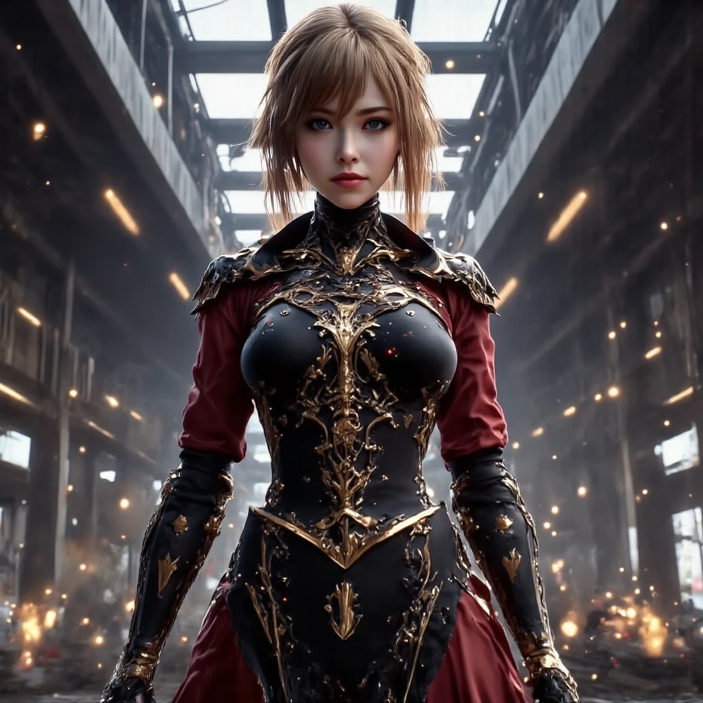 Detailed photo of futuristic beautiful female warrior in dystopian city, Tattered costume with rusted metal armor plates, long wild hair, tattooed arms and body, Fashion pose, blue eyes with round irises, Detailed face, apocalyptic environment, natural body poses, Professional Photographer, Photographed with a professional single-lens reflex camera, professional fantasy artist, Professional Rococo and Baroque Background Artist, professional art station artist