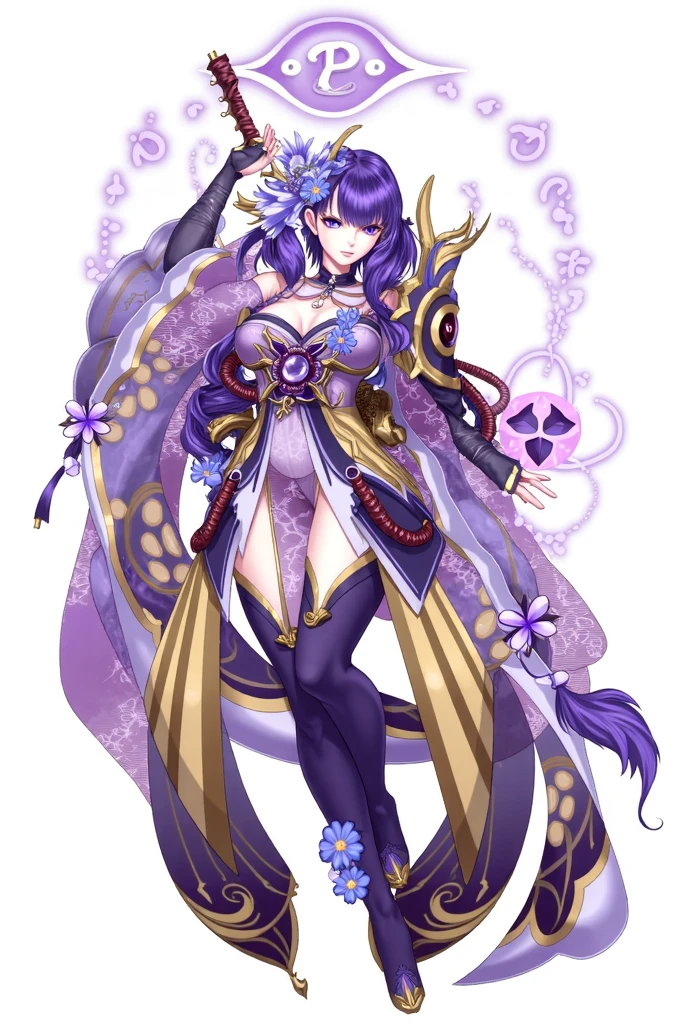 Gender: FemaleHeight: Approximately 163 cm (5'4")Physical appearance:hair: long, lacio y violet in color. Tied in two high pigtails with gold bows.eyes: big ones, violet in color.fur: clara.outfit:Main Suit: Short combat dress in purple and white tones with gold details.Upper part: Purple fitted bodice with gold decorations and light gold armor on the shoulders.Bottom: short skirt with ruffles, with gold patterns and white details.Accessories: Gloves without fingers, golden ribbons tied around arms and legs, short and thin coat.Footwear: Knee High Boots, purple with gold and white details.
Medium large breasts with cleavage. If your height must be one meter sixty. The camera perspective should be upwards and highlight her nylon stockings..
He has purple electricity around his body