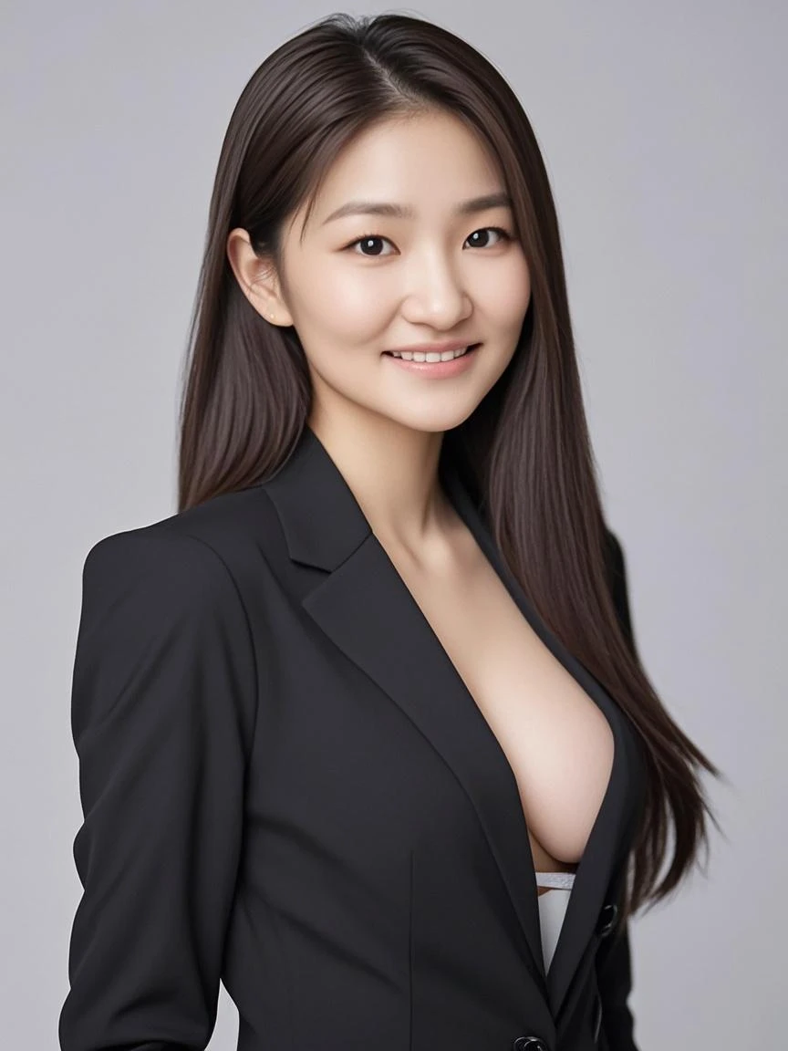 8k, Ultra-high resolution, Highest quality, masterpiece, Rule of thirds photograph,surreal, photograph, 1 Girl, (20th Generation), pretty girl, Cute Face, Beautiful eyes in every detail, Detailed,masterpiece,One Girl:1.2, Japanese woman with black hair,Slicked back hair,blazer uniform,White collared blouse,The chest buttons are open,Sharp focus、Perfect dynamic composition、Beautiful and detailed、Thin Hair、Realistic skin texture with attention to detail、smile、Close-up portrait、Model body type,Looking at the audience、beauty,Long neck、(((Ideal body type))),A-cup small breasts :2,、Portraiture:2、Perfect Anatomy、detailed、detailed、surreal、Light and shadow,Strong light、Black mini tight suit