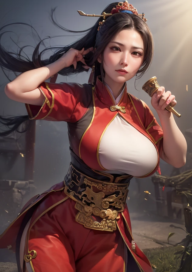 NSFW, obra-prima, melhor qualidade, ultra-detalhado, semi-realista, detailedfacialfeatures, 2 mulheres maduras, vestindo roupas antigas wuxia hanfu, cabelos brancos,longos,olhos vermelhos,demon horns on head,muito bonita,cor da roupa vermelha escuro, grandes,Demon tail, voluptuosa,mulher guerreira, standing arrogantly holding a majestic sword with the red blade,near sect
