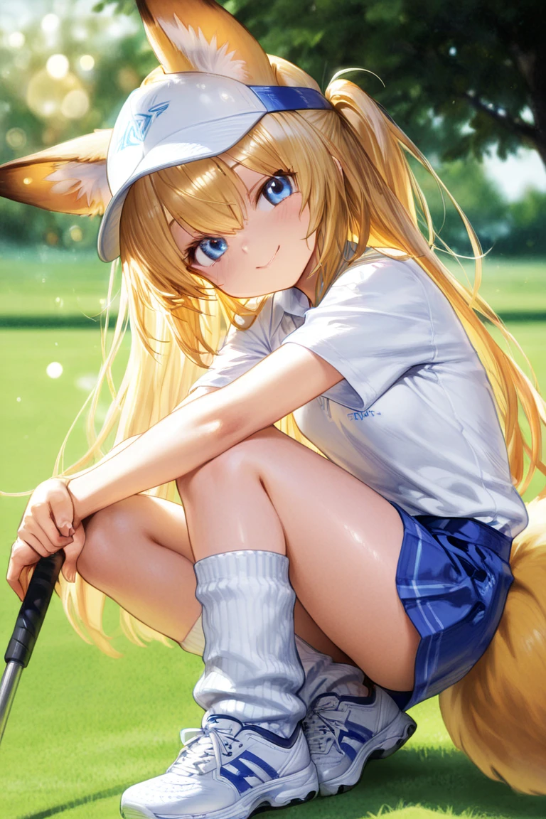 1 female、Blonde twintails、Shy face、droolng、cat ear、Beautiful breasts、Rear view、s ass、White undercoat、White Tennis Wear、White pleated skirt、Skirts fluttering in the wind