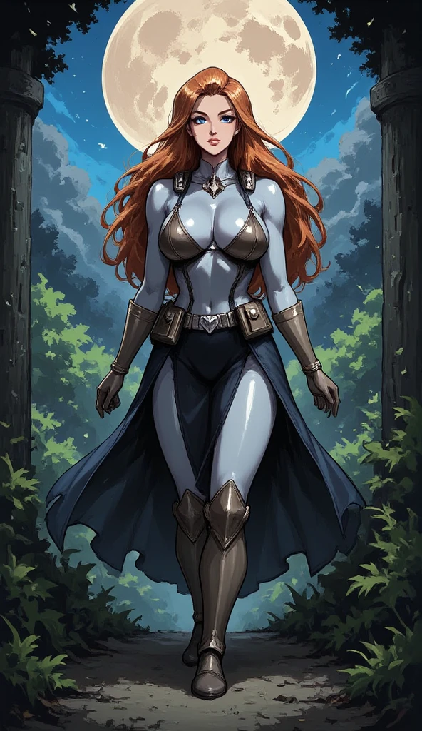 A WOMAN IN BLACK ARMOR, long redhead hair, RED HAIR, LOW-CUT BODYSUIT, breasts big, MEDIEVAL LOW-CUT ARMOR, WHITE THREAD PANTIES, STRIP BODYSUIT, WHITE THREADS SWIMSUIT, strappy swimsuit, extravagant neckline, SEMI-NAKED ARMOR, in a forest, HOLDING A LARGE PURPLE CAPE.