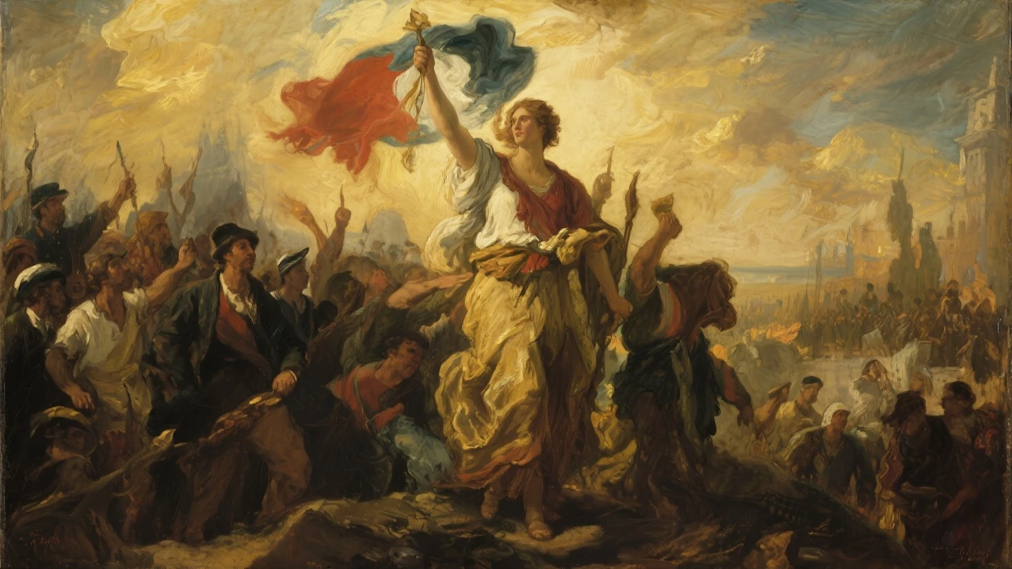 A painting depicts a woman in a white dress holding a french flag, surrounded by a group of people. The woman is in the center of the scene, with her arms raised in the air. The people around her are in various positions, some standing and others sitting. The painting is in a romantic style, with a focus on the woman and her flag as the central subject. The other people in the scene add depth and interest to the composition, creating a dynamic and engaging image. in romantic style