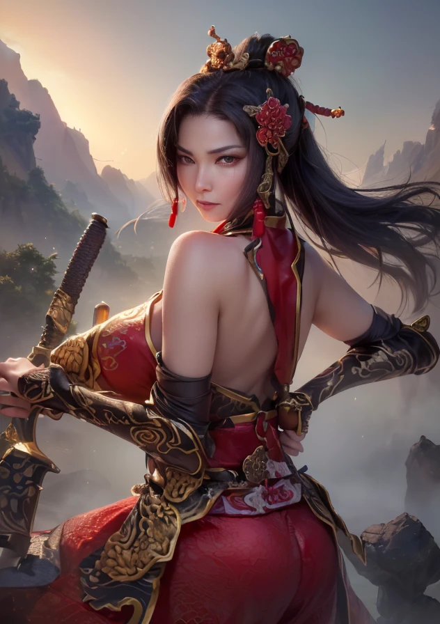 A woman in red carrying a Tang sword, xianxia hero, Inspired by trees, Full body fairy, Inspiration from Du Qiong, bian lian, inspired by Cao Zhibai, Inspired by Zhu Lian, Inspired by PwC, Inspired by Zhou Fang, Lady in red armor, Queen of the Sea Mu Yanling Big Breasts，Full breasts，Golden Ratio Graphics，Perfect body，Ultra wide-angle shooting，full-body shot，Body close-up，Look at the audience，Wearing a tulle bikini，Soft anime illustration, Soft dark background，Fujifilm XT3 Be focused, f 5.6, High Detail, Be focused, dramatic, (Wearing hollow clothing), (Looking at the audience:1.8), (Natural light), (Tempting)