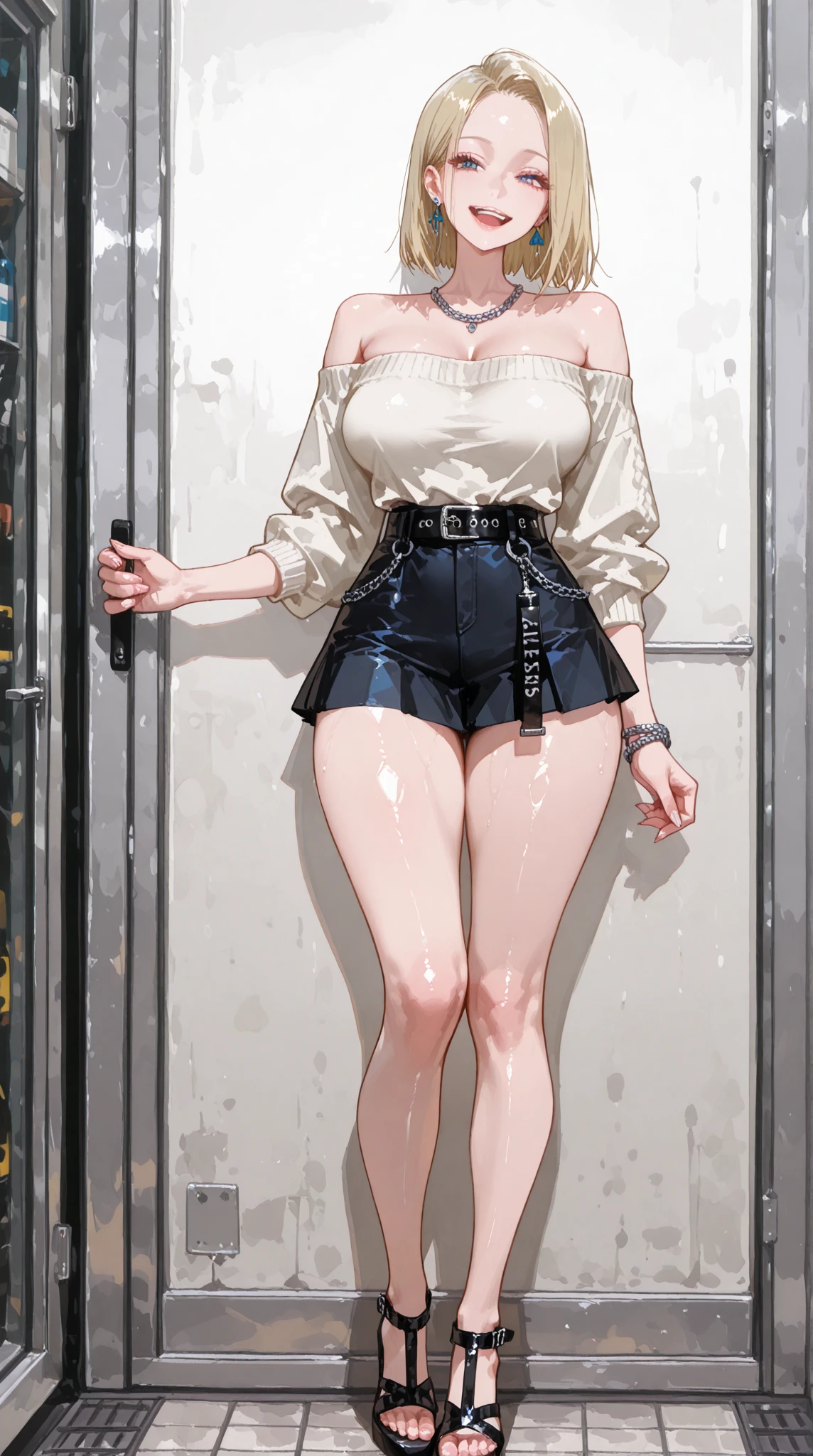 a mature woman,elder sister,Royal sister,white short hair, Opened shirt,Extra-short skirt,huge breasts,E cup,model figure,slender waist,long legs,Show the chest,High heel,Standing posture,Look ahead,Full body image,