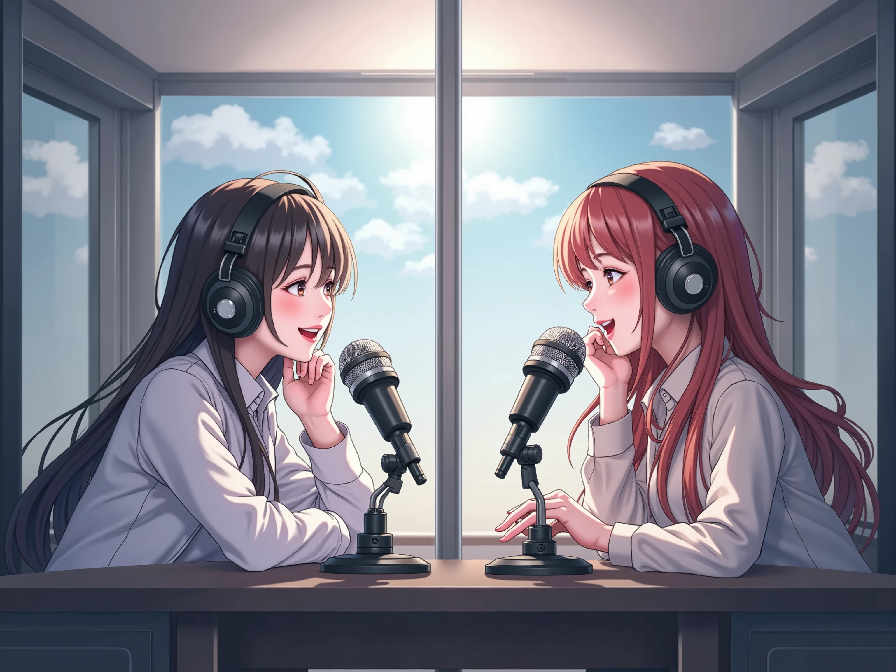 2 beautiful girls 、they face each other happily in the radio booth、There are 2 microphones between them、broadcasting the radio like a radio DJ、in a glass-walled radio booth