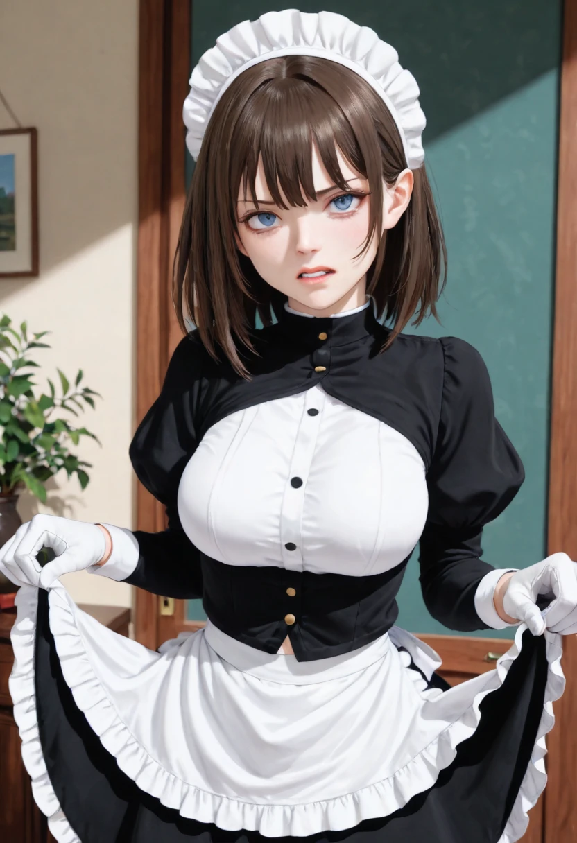 muste piece、masterpiece、highest quality、Super detailed、High resolution、8K portrait、High definition CG of Unity 8k wallpaper、cute type little:1.5、Lori:1.5、Highly detailed CG unity 8k wallpaper、Realistic、real person、 portrait photography、shiny skin、High definition、(:1.2)、(1 girl)、beautiful clear eyes、extremely detailed description、delicate face、nice lips、slender body、(thin waist)、thin legs、(Hallway of the mansion:1.6)、1 girl, cute type, perfect face, seriously, (blush:1.5),(Black Hair Bun Hair:1.3),(big breasts:1.2),((mini skirt maid clothes:1.3)),(half nude:1.3),(black dress),(I have nipples:1.2),(looking at viewer),(angle from the front),gran,((climax in vagina:1.5)),(pretty pose:1.2)