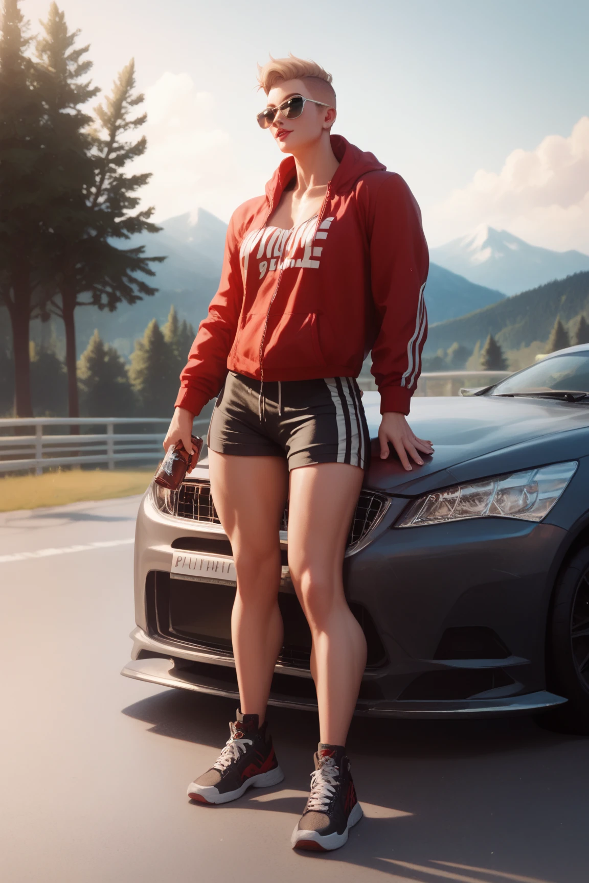 xyzruby <lora:Ruby:0.6>, wearing red clothes, camo pattern, red_pants, sports bra, (realistic:1.5), posing, outdoors, mountain view, forest, trees, octane render, ambient occlusion, nose, solo focus, 1girl, makeup, mascara, long hair, earrings, long hair, lips, ((sweatshirt)), wearing a hat