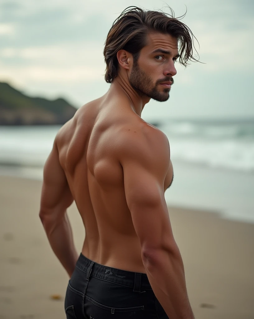 Photo of a stunning handsome Brazilian man backside, short and messy wind light brown hair, flipped hair, close-up zoomed in tight cropped portrait, walking in a (paradisiacal beach scene: 1.2) Wearing (linen pants without shirt: 1.3) (Beach slippers on hand: 1.3) (Lights - Gold: 1.2) Foreground object background detail (Masterpiece: 1.2) (Realistic: 1.2) (Bokeh: 1.2) (Best quality) (Color grading) (Detailed skin: 1.3) (Complex) (8K) (High Dynamic Resolution) (Cinematic Lighting: 1.3) (Clear Focus), Messy Windy Hair