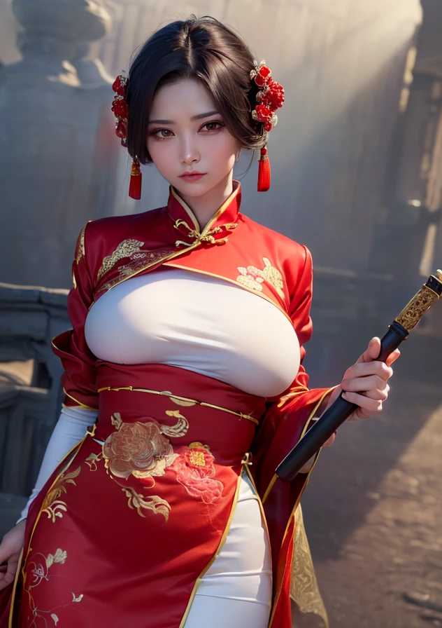 Best quality,masterpiece,ultra high res,(photorealistic:1.4),xiuxian,weapon,Detailed face, 1girl,solo,weapon,cleavage,(magic circle:1.2),xiuxian,upper body,Beautiful girl,full body,huge breasts,east asian architecture,sheath,architecture,