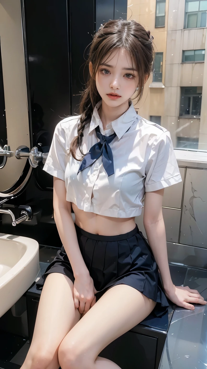 Low angle shot, Alafed asian woman in short skirt and bow tie sitting on train, cute schoolgirl, Japan schoolgirl uniform, wearing Japan school uniform, wearing Japan school uniform, surreal high school girl, surreal high school girl, surreal high school girl, girl in uniform, girl in uniform, girl in school uniform, school girl posing, full body, lovely skin, glowing skin, Nice thighs, shiny thighs, shining legs,((no underwear)),((shirt is wet and skin is see-through))
