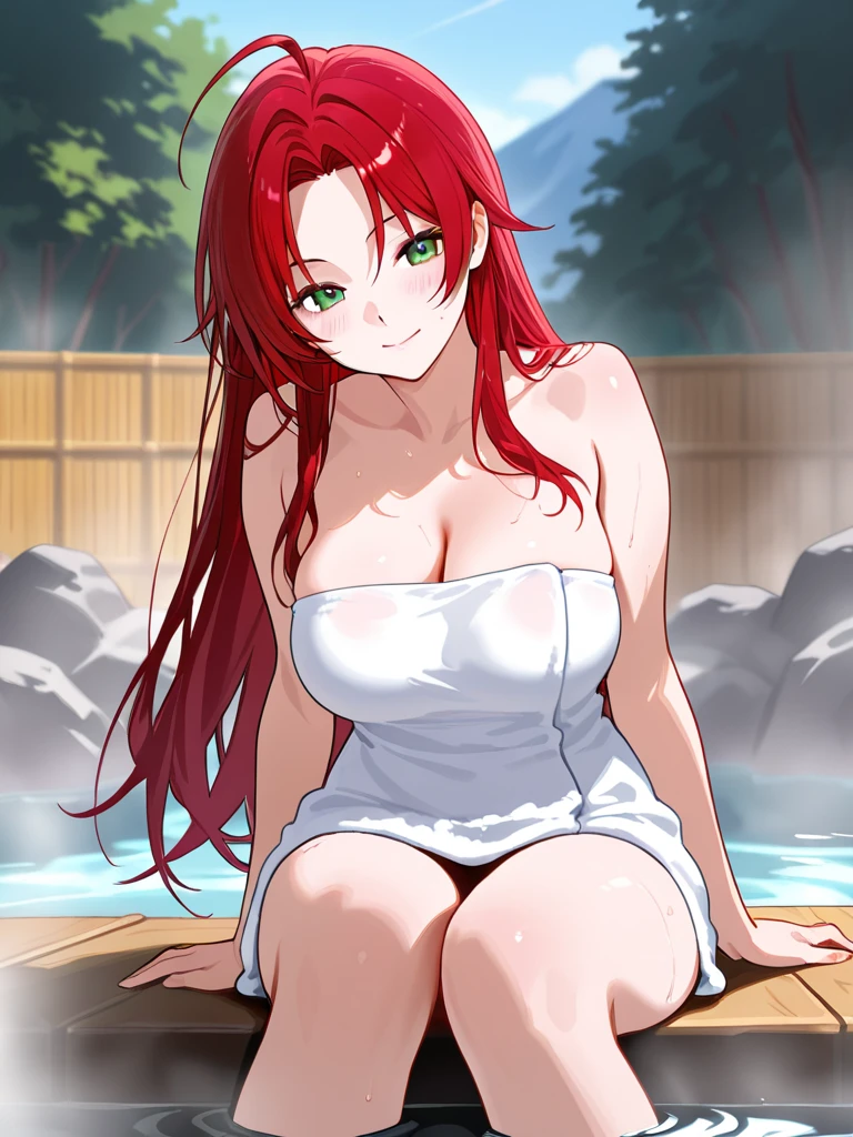 (best quality)), ((Masterpiece)), (Detailed), Perfect Face,1girl,rias gremory, huge ahoge, long hair, hair between eyes, (green eyes:1.3), red hair,one-piece swimsuit,clothing cutout,competition swimsuit,collarbone,(highleg:1.3),pool