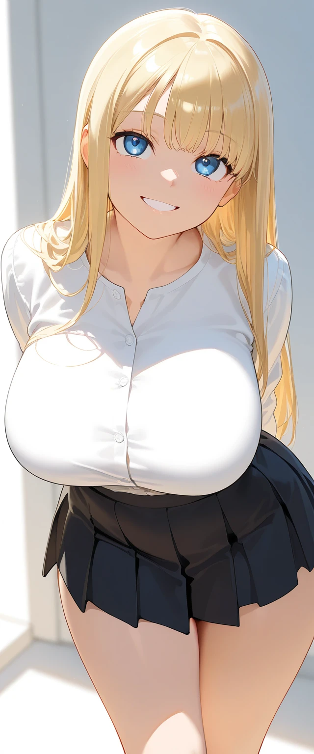 ((Best Quality)), ((Masterpiece)), (detailed), 1 girl, Pastel yellow hair, long hair, hair covers one eye, purple eyes, big breasts, big thighs, expression smiling shy, white button-down t-shirt, closed t-shirt, purple skirt, brown pantyhose