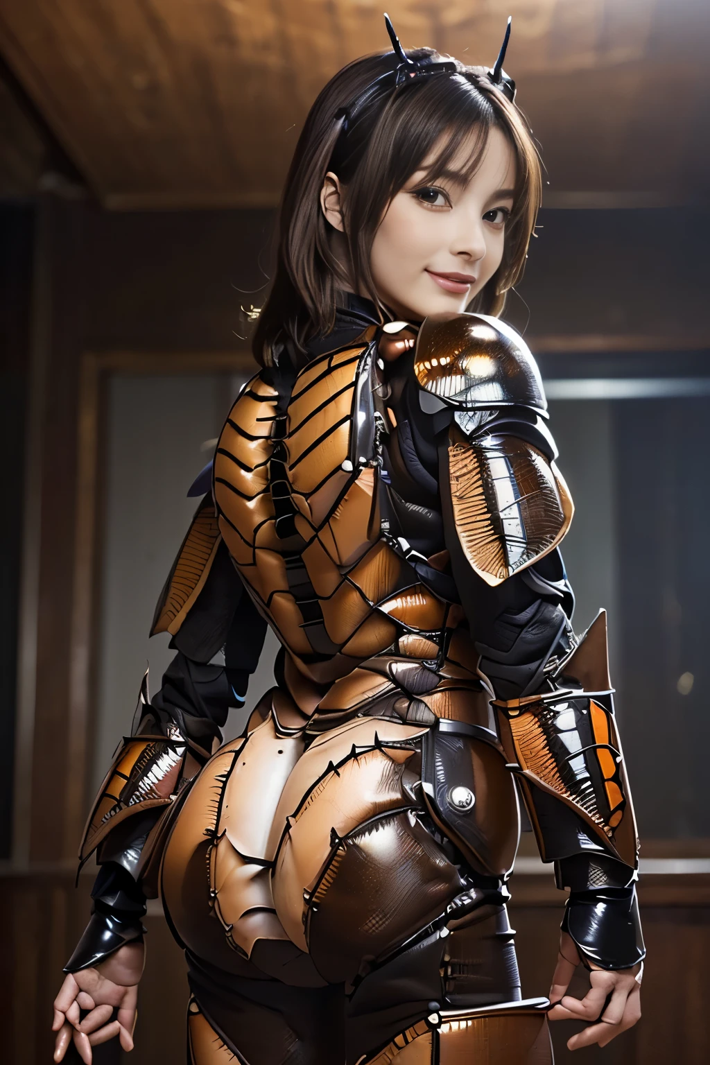 (High resolution,masterpiece,highest quality,Very detailed CG, anime, official art:1.4), realistic, photograph, amazing detail, everything is complicated, shiny and glossy,Amazing number of layers, 8K wallpaper, 3D, sketch, cute, figure,( alone:1.4), perfect female proportions,villain's daughter, (Fusion of dark brown cockroach and lady:1.4), (brown cockroach woman:1.2), (brown cockroach woman:1.2), (Fusion:1.2), (alone:1.4), (evil smile:1.2), muscular, abs, (Cockroach brown exoskeleton bio insect suit:1.4), (Cockroach brown exoskeleton bio insect armor:1.2), (brown transparent cockroach feathers:1.4), (Antennae of brown cockroaches:1.3),