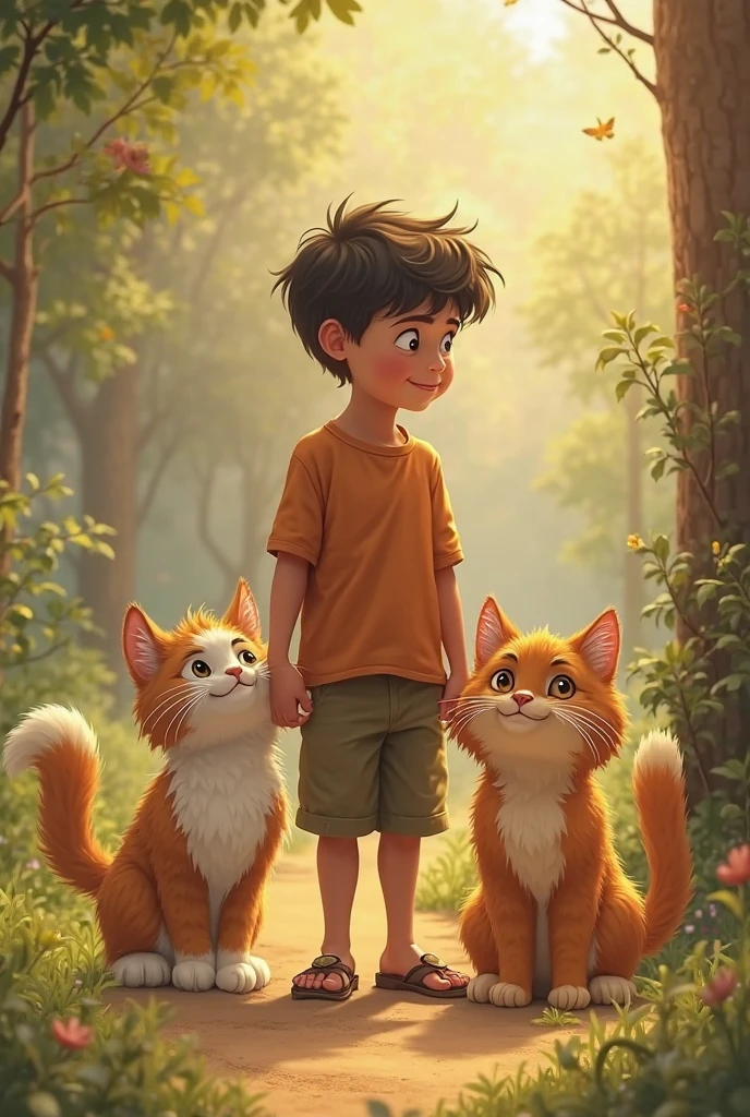 Retrato realista de um menino de sete anos, Ele usa uma camisa vermelha . Your face is and exploratory . Ele sai cautelosamente para o jardim da casa, A small cat is among the bushes and he touches it cautiously ,Not facing the camera,, Hair is messy ,