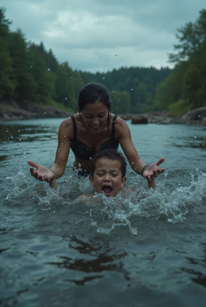 When the boy is swept away in the water his mother catches him