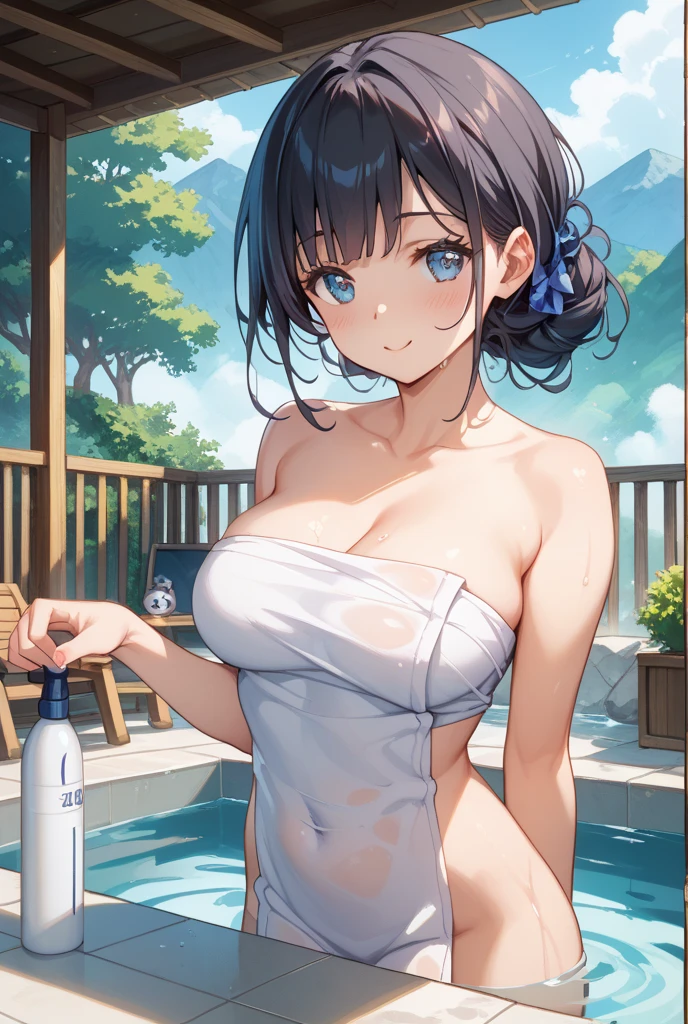 masterpiece, highest quality, (Highly detailed CG Unity 8k wallpaper), (highest quality), (Best illustrations), (Best Shadow), Confused, Realistic lighting, (abyss), Beautiful and delicate shine,Random Pause,((Wet with hot water,Moisturized bare skin,Hidden with a bath towel)),Cute freckles on the cheeks,Mole under left eye, Sunburn mark, Japanese Model, Young sensual gravure idol, yasumoto oka, A real young gravure idol, A woman who is shy when the camera is pointed at her,Red Sunburn mark,Embarrassing,avert your eyes,Attractive buttocks,Cowboy Shot,Cypress bath,Taking a bath,Steam,
