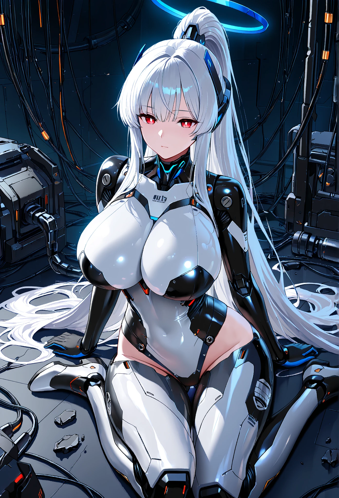 (Best quality at best,Unbeatable masterpiece:1.4),Ultra-detailed CG 4K,Black and white metal mecha,high ponytails,Metal heels,Metal heels,Huge cleavage,Nipple presentation,Long white hair,AS-Adult,hair covering one eye,smooth thigh