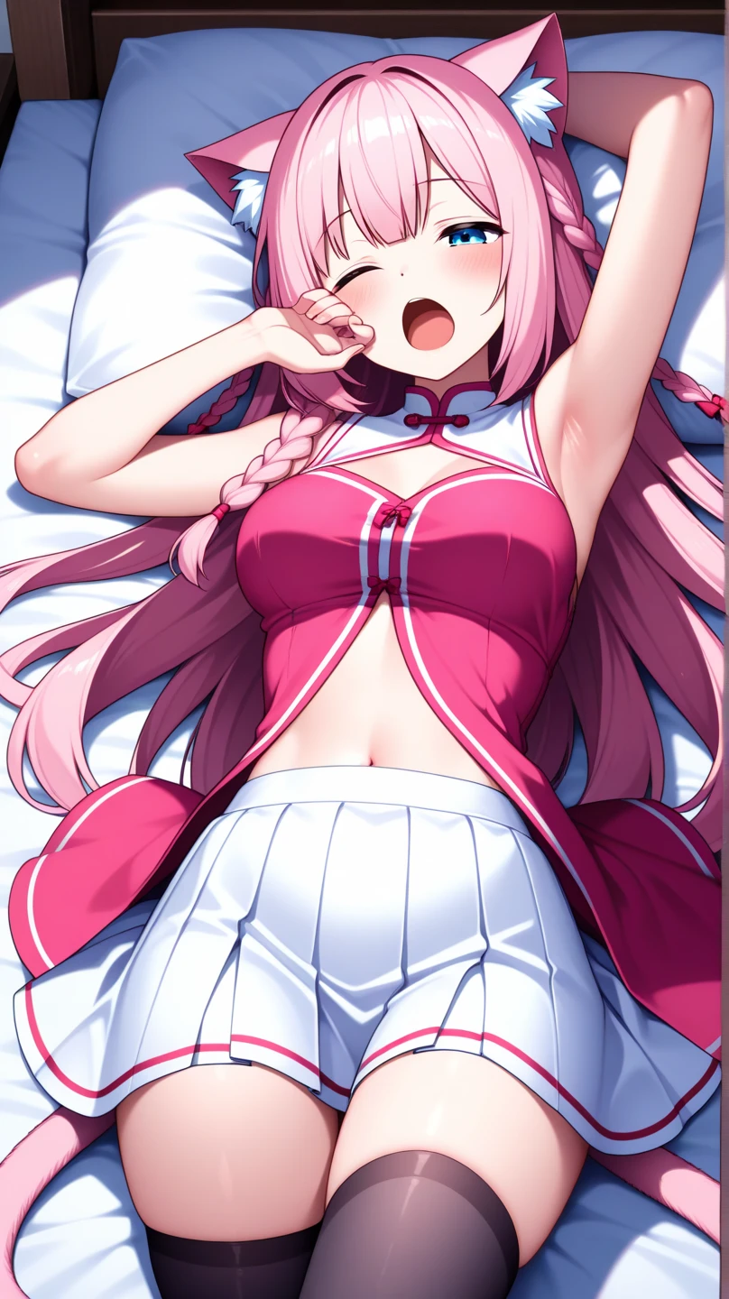 1 girl, Game CG, Genshin Impact, I see your shoulders, Short skirt, String hair ribbon, Pink Hair, Long Hair, Both sides up, Pink eyes, dakimakura, whole body,