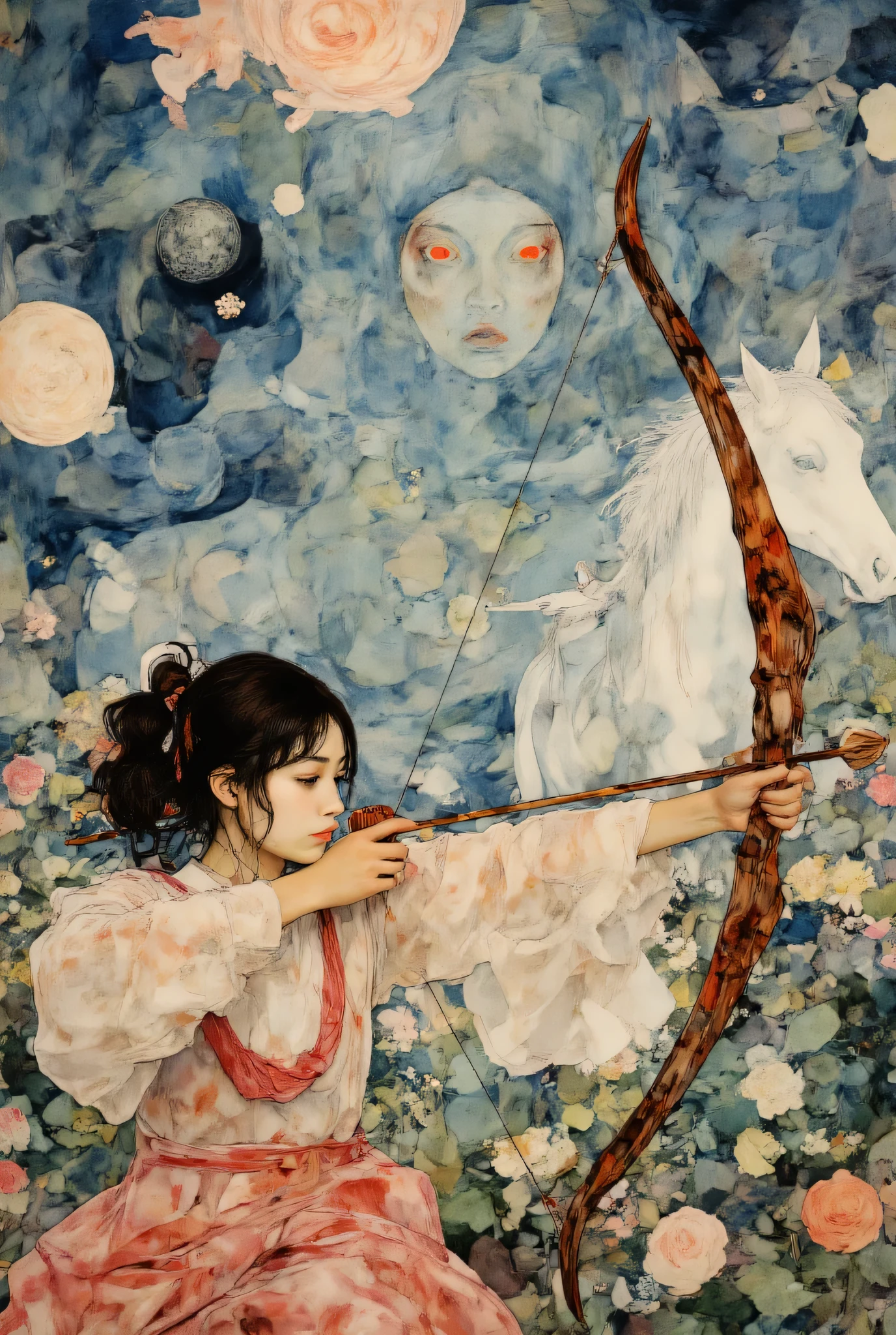 (Very beautiful and elaborate watercolor painting:1.2), Beautiful Nature, (Girl Holding a Big Wooden Bow on a Horse), The Girl Closes Her Right Eye to Aim、Trying to Hit an Arrow at the Audience、(Girl's Eyes Shining Blue:1.4), Break ,Background of a Dark Ghost Bigger Than a Mountain、The Monsters' Eyes Are Glowing Red、swirl background、Quality\(8k,非常に精細なCGユニットのWallpaper, masterpiece,high resolution,top-Quality,top-Quality real texture skin,surrealistic,Increase resolution,RAW photo,最高のQuality,Highly detailed,Wallpaper\)