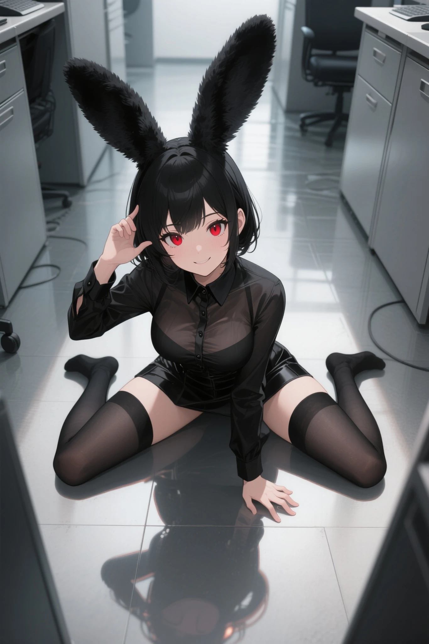 A woman with rabbit ears wearing a black military uniform skirt、Black stockings、Black High Heels、Black garter belt、Hands tied、graffitied toilet、Crab crotch、Black lace panties、no panties,no bra,pussy juice,pussy,vagina,orgasm,Place a finger in the vagina、red blush、Ecstatic look、Beautiful fingertips、(masturbation)、(dildo in the vagina)