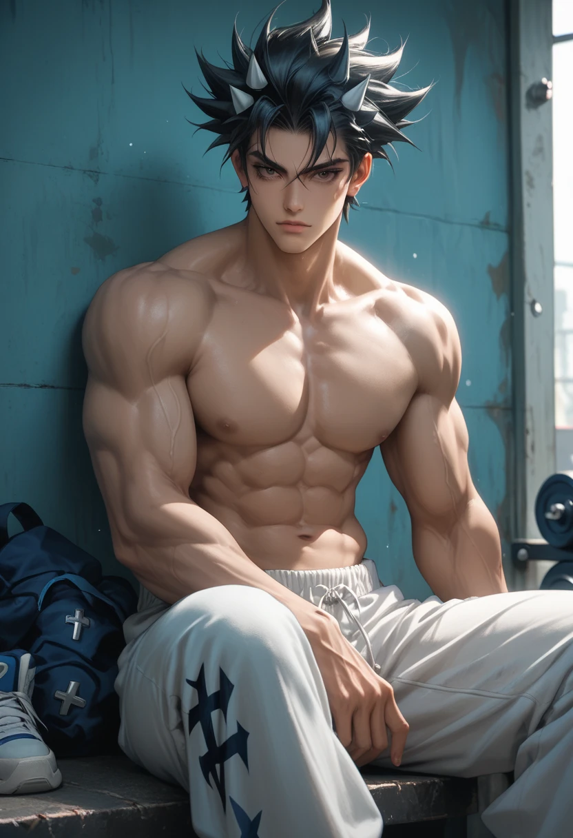 Anime guy about 16 without outerwear. Muscular with 6-pack abs and back. With white hair. Lying on the bed.