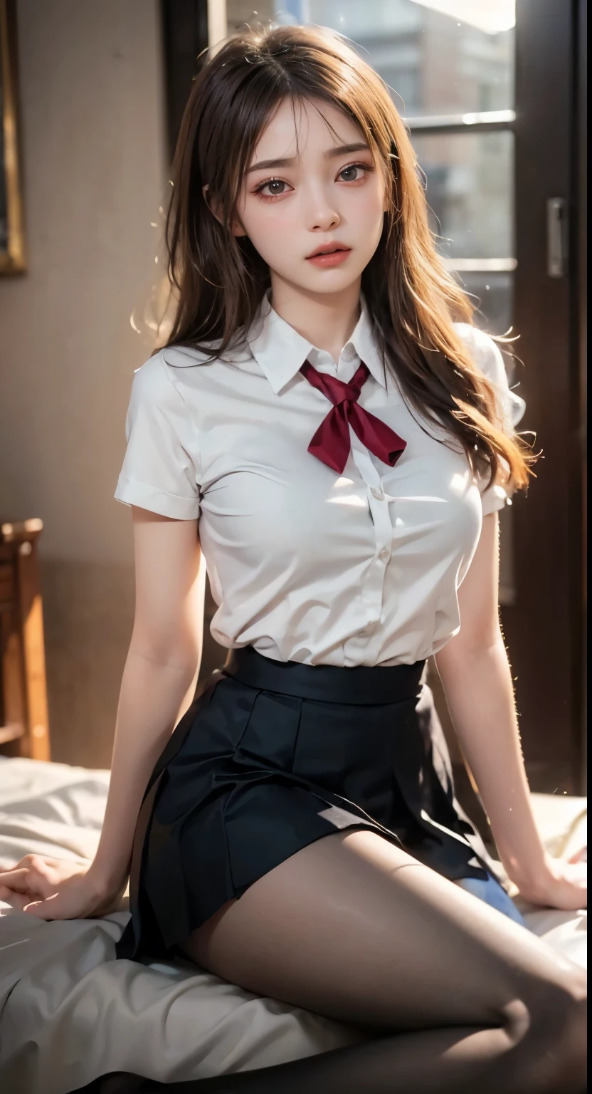 (Highest quality、8k、32K、masterpiece、Hmph:1.2)、(masterpiece, Highest quality), Realistic photos, high school girl、very cute、15 years old、sexy、Instagram, Bright colors, High Dynamic Contrast, Slender figure、thin、Small, shapely breasts、One person、Gray Hair、 Purple eyes, Lips parted, blush, compensate, 軽いsmile, Red tie、A thin white short-sleeved shirt that is slightly translucent.、sexy、Blue exy、Sweat, Wet, light, Shine, Tight waist, (masterpiece), Pink Wallpaper,Sitting in a chair、I can see your thighs、sexy、smile
