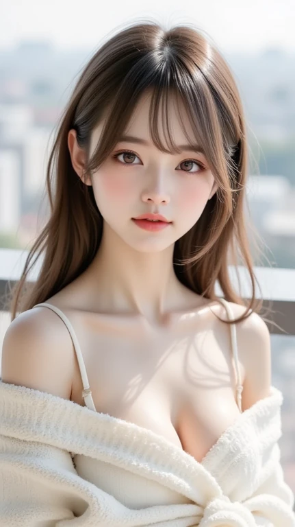 (Best Quality), (Ultra-detailed), (Illustration), (Detailed light), (extremely delicate and beautiful), 1young girls, Brown hair, Brown eyes, modeled, bare shoulders、breastsout:1.2), Best Quality, extremely detailed CG unified 8k wallpaper, High-definition color, Professional, (((Bokeh))), depth of fields, Twilight, Sunset,
