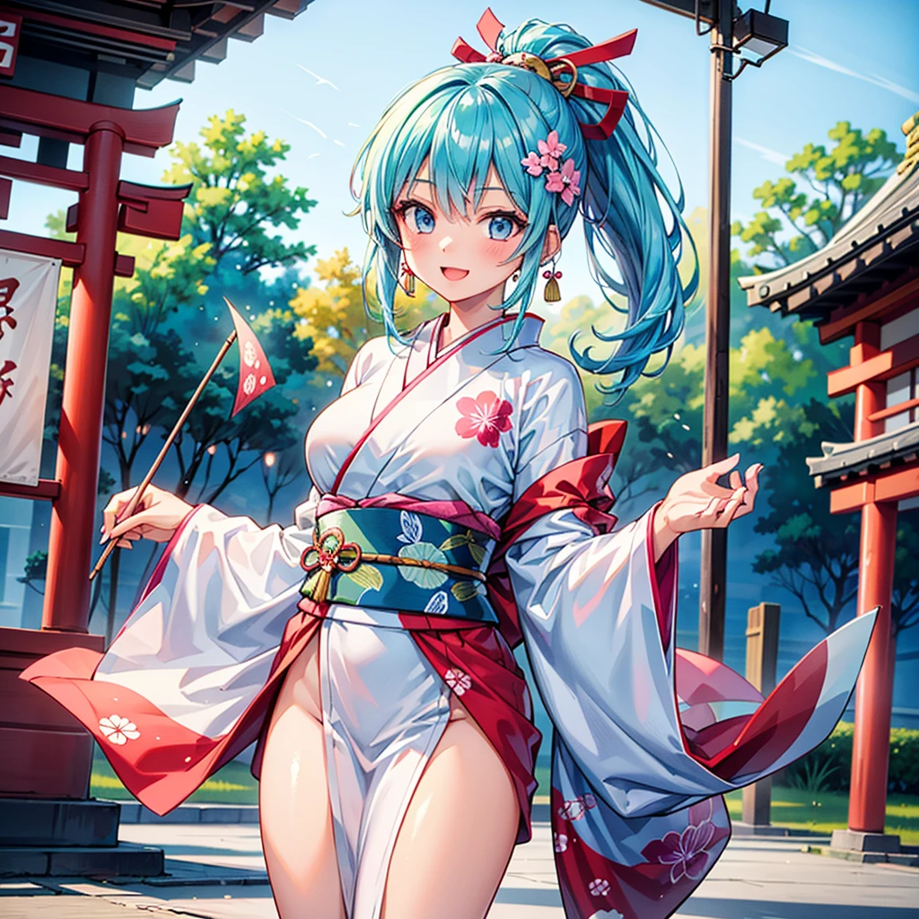 ((masutepiece)), ((best quality)), (ultra-detalhado), ((kawaii)), Cuovemente), ((sexy)), (Foi), ((extremamente detalhado)), 4k, (8k), best quality, (Beautiful), illustration, estilo anime, Pintura, Dynamic angle, corpo inteiro, Esbian de corpo inteiro, Angle looking up from below, (Japan Shrine), Sente-se no recinto, Abra as pernas, gradation, foco de corpo inteiro, Dim Sanctuary, Menina fofa s, 1girl em, sozinho, Maiden Shrine, Beautiful colored eyeeautiful eyes)), de pele branca, Penteados selecionados aleatoriamente, Glutes, Large breasts that are about to burst, Sorriso, sorriso, (corar), efeito espumante, Reflexo da lente, brilhante-cintilante, Brilhando