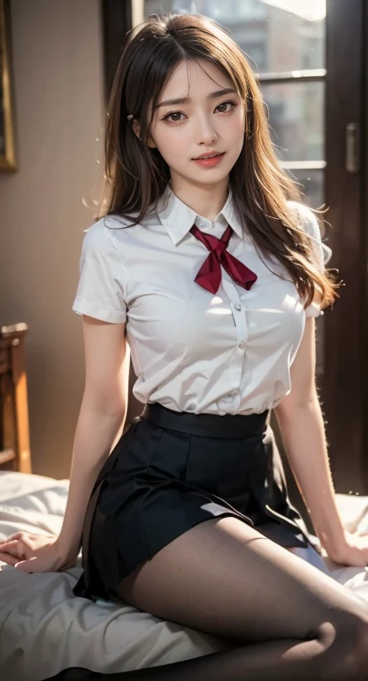 NSFW、High resolution、High level image quality、8K、real live action、borngraphy、、highest quality、masterpiece、erotic、born徒、pink good,white skin,kneelesh colored pantyhose),Detailed panty pattern、panties focus、pink panties、absurd,small face、small breasts、part the bangs from the middle、,(cold look<tight eyes,glare,bullish,thin anger)、masterpiece,highest quality、Super high resolution,born,Len,beautiful,one person, solo,dark look,small breasts,whole body、very nice、JK,女子高born,woman, Are standing,(Photoreal:1.37)、photon mapping,realistic、かわいいsmall face,brown eyes、18-year-old、(red bow tie),Roll up your skirt